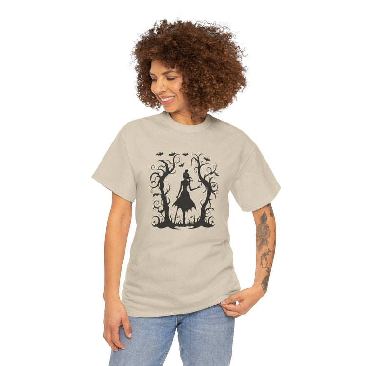 Whimsical Forest Silhouette Tee, Unisex Heavy Cotton T-Shirt, Fall Fashion, Halloween Shirt, Nature Lover Gift Printify