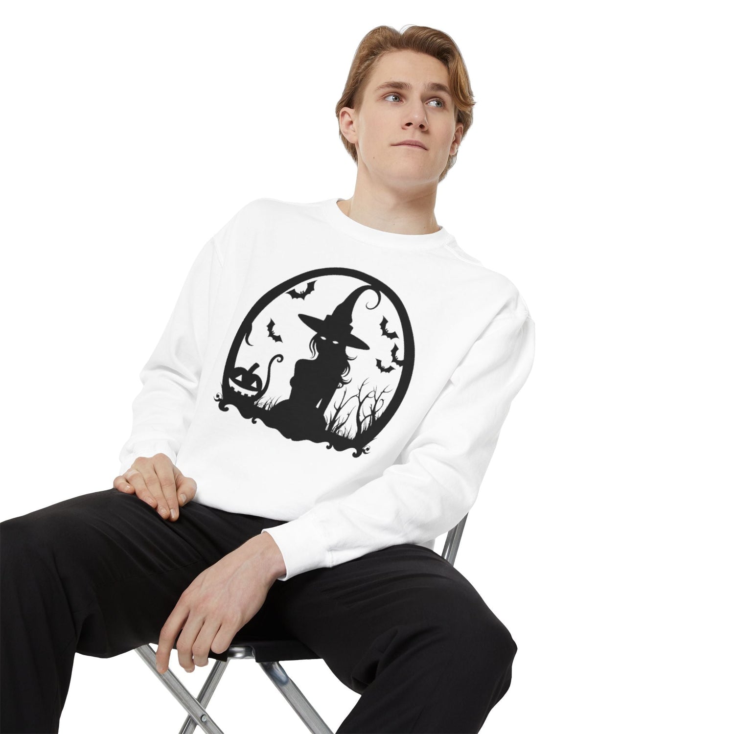 Charming Halloween Sweatshirt, Cozy Witch Design, Unisex Garment-Dyed Hoodie, Fall Fashion, Spooky Season Wear, Trick or Treat Gift Printify