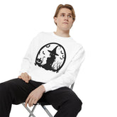 Charming Halloween Sweatshirt, Cozy Witch Design, Unisex Garment-Dyed Hoodie, Fall Fashion, Spooky Season Wear, Trick or Treat Gift Printify