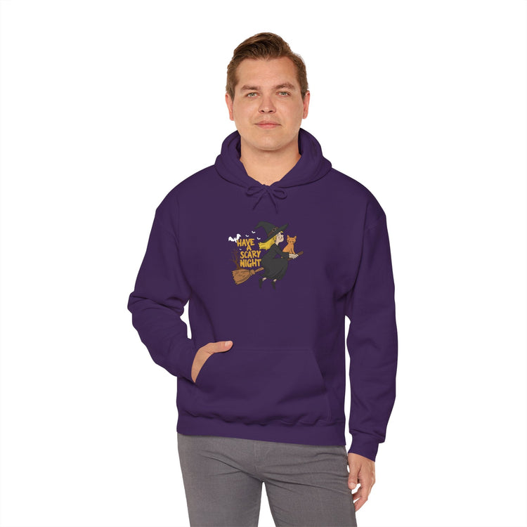 Halloween Witch and Cat Hoodie, Cozy Fall Sweatshirt, Scary Night Apparel, Unisex Ghostly Sweatshirt, Cute Halloween Gift Printify