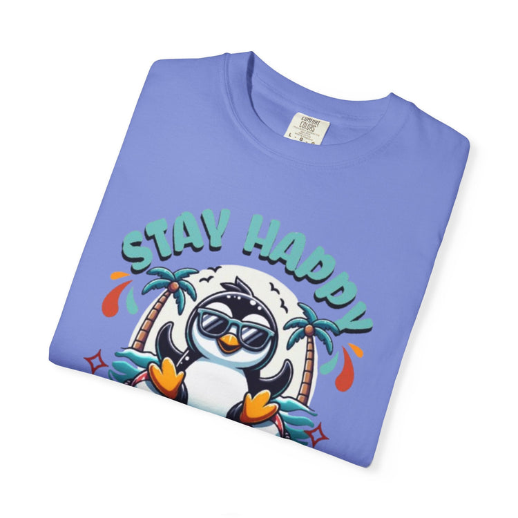 Stay Happy Penguin T-Shirt Unisex Summer Tee Vacation Shirt Beachwear Fun Gift Garment Dyed Cotton Casual Comfort Tee Birthday Gift Beach Shirt Printify