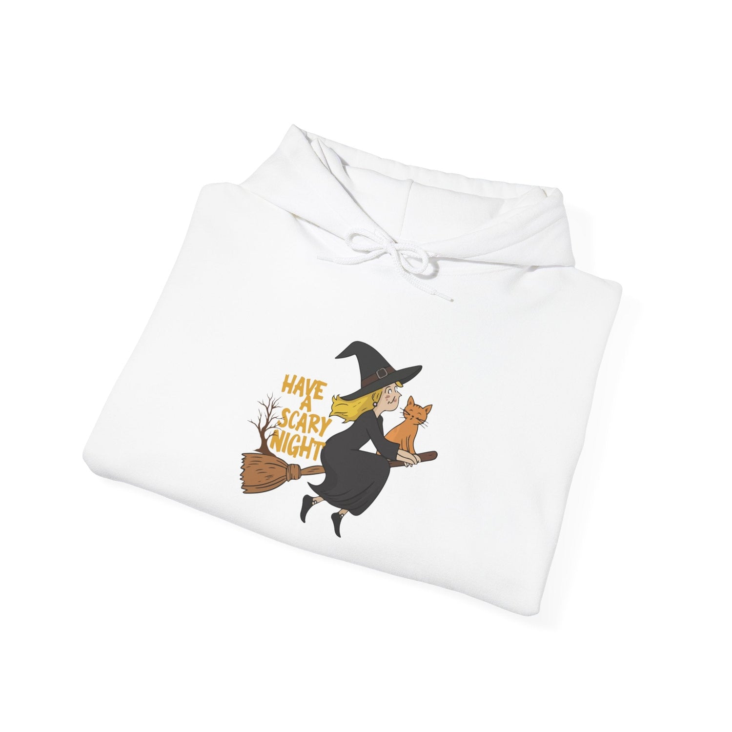 Halloween Witch and Cat Hoodie, Cozy Fall Sweatshirt, Scary Night Apparel, Unisex Ghostly Sweatshirt, Cute Halloween Gift Printify