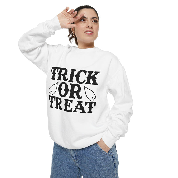 Halloween Trick or Treat Sweatshirt, Cozy Fall Sweatshirt, Unisex Halloween Apparel, Spooky Season Gift, Pumpkin Spice Fashion Printify