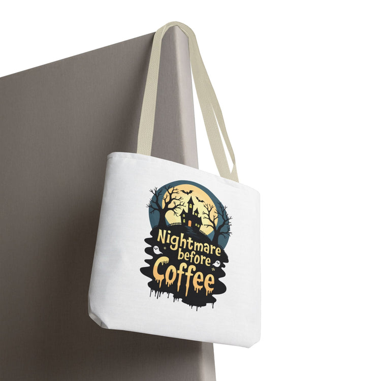 Nightmare Before Coffee Tote Bag, Halloween Tote, Spooky Drink Carrier, Gift for Coffee Lovers, AOP Design Bag Printify