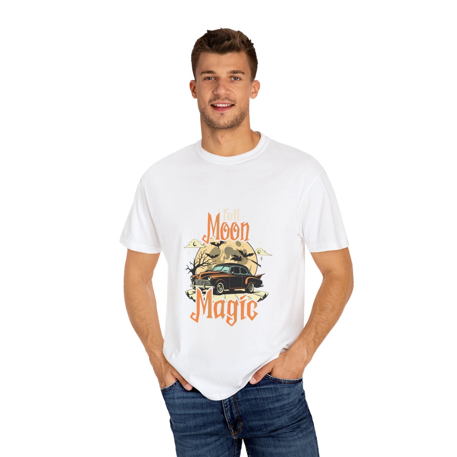 Moon Magic Unisex Garment-Dyed T-shirt, Vintage Car Tee, Astrology Gift, Casual Wear, Moon Lover Apparel, Unisex Soft T-shirt Printify