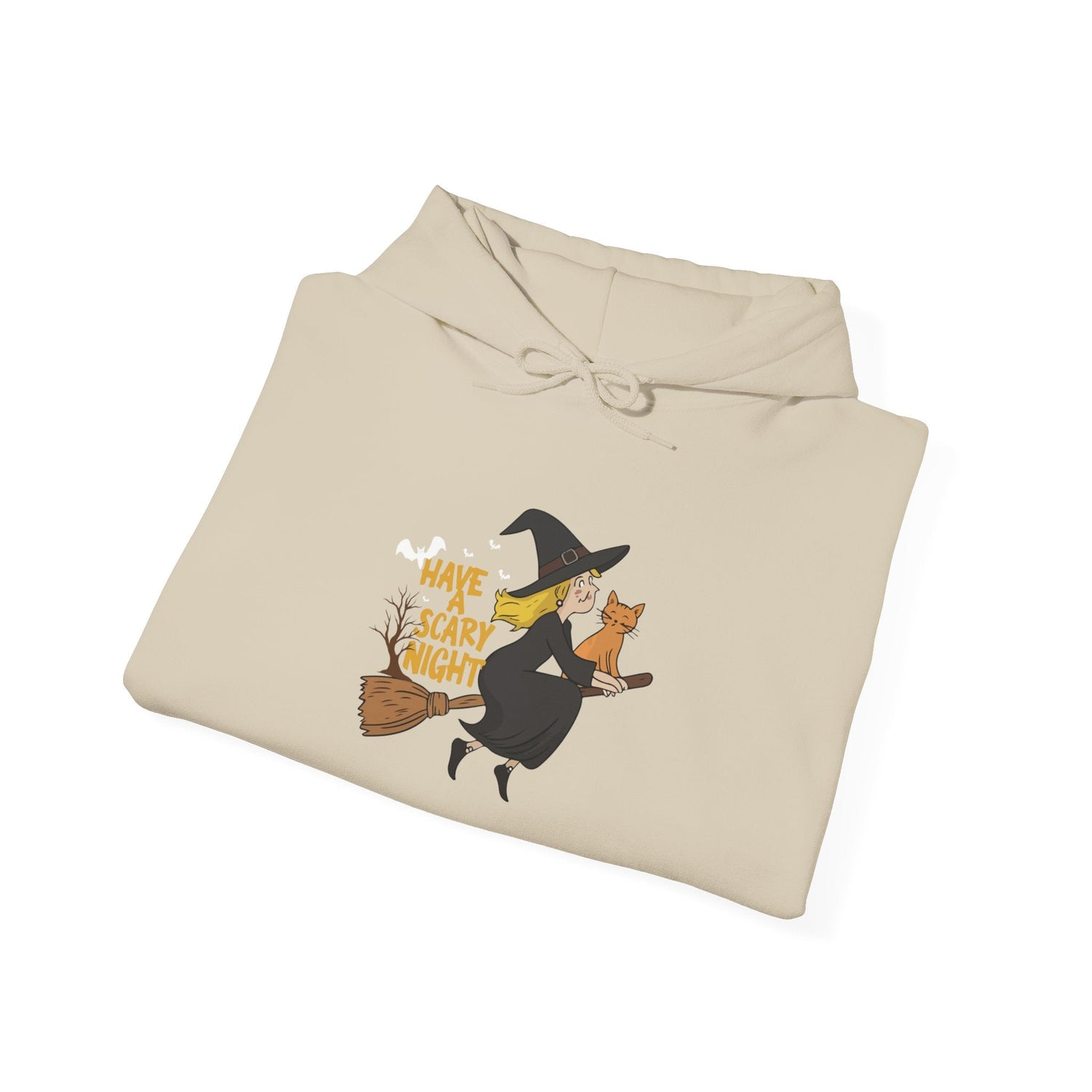 Halloween Witch and Cat Hoodie, Cozy Fall Sweatshirt, Scary Night Apparel, Unisex Ghostly Sweatshirt, Cute Halloween Gift Printify