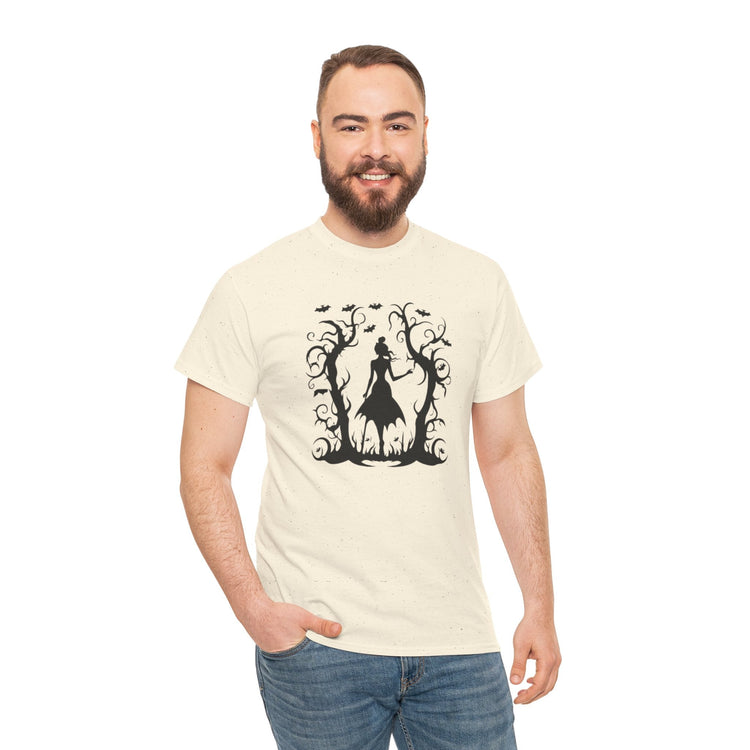Whimsical Forest Silhouette Tee, Unisex Heavy Cotton T-Shirt, Fall Fashion, Halloween Shirt, Nature Lover Gift Printify