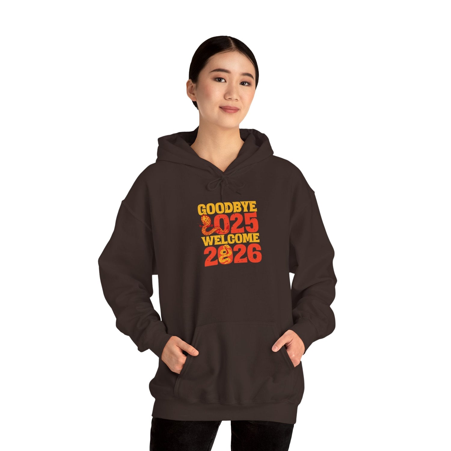 New Year Celebration Hoodie Goodbye 2025 Welcome 2026 Sweatshirt Cozy Gift Friends Unisex Pullover Trendy Winter Fashion Heavy Blend Hooded Printify
