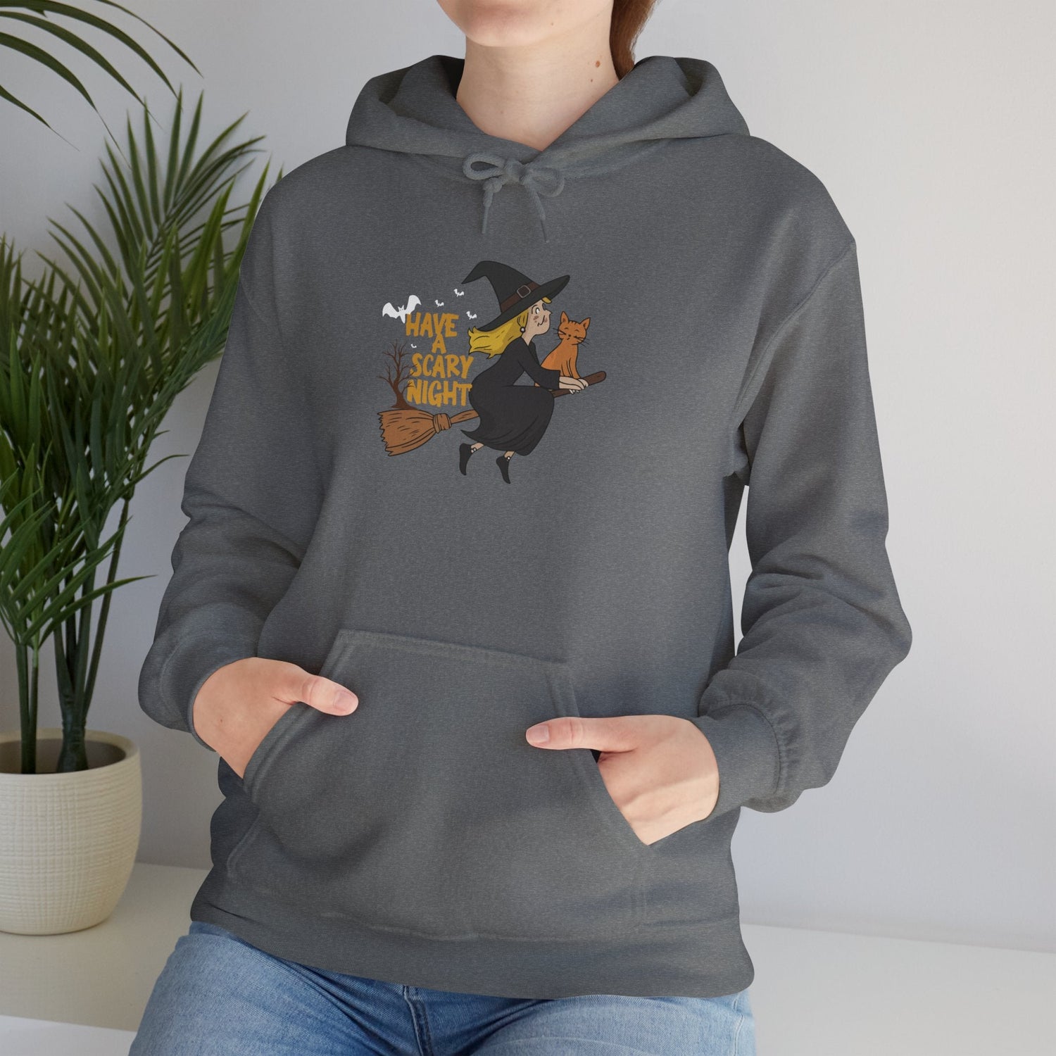 Halloween Witch and Cat Hoodie, Cozy Fall Sweatshirt, Scary Night Apparel, Unisex Ghostly Sweatshirt, Cute Halloween Gift Printify