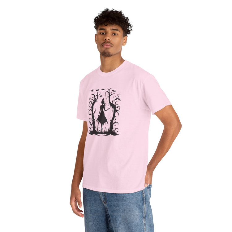 Whimsical Forest Silhouette Tee, Unisex Heavy Cotton T-Shirt, Fall Fashion, Halloween Shirt, Nature Lover Gift Printify