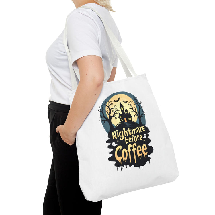 Nightmare Before Coffee Tote Bag, Halloween Tote, Spooky Drink Carrier, Gift for Coffee Lovers, AOP Design Bag Printify