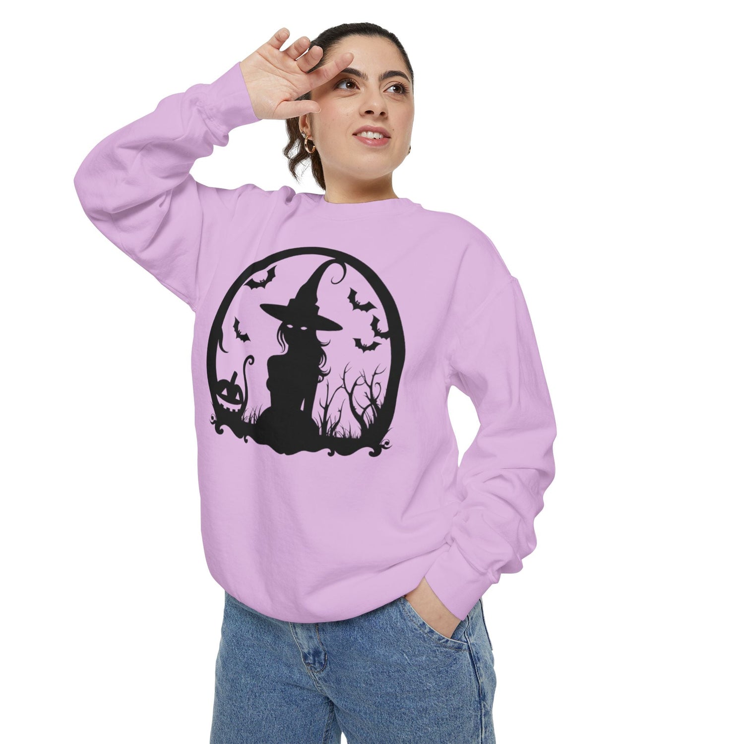 Charming Halloween Sweatshirt, Cozy Witch Design, Unisex Garment-Dyed Hoodie, Fall Fashion, Spooky Season Wear, Trick or Treat Gift Printify