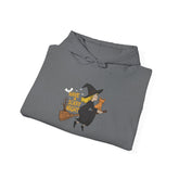 Halloween Witch and Cat Hoodie, Cozy Fall Sweatshirt, Scary Night Apparel, Unisex Ghostly Sweatshirt, Cute Halloween Gift Printify