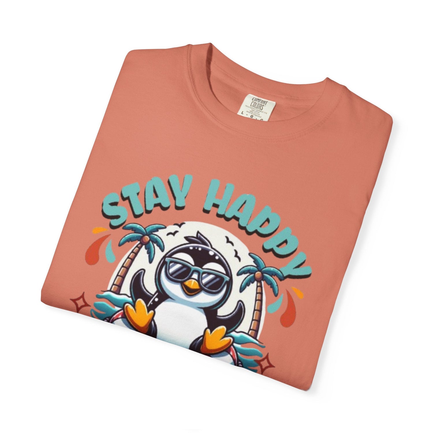 Stay Happy Penguin T-Shirt Unisex Summer Tee Vacation Shirt Beachwear Fun Gift Garment Dyed Cotton Casual Comfort Tee Birthday Gift Beach Shirt Printify