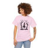 Whimsical Forest Silhouette Tee, Unisex Heavy Cotton T-Shirt, Fall Fashion, Halloween Shirt, Nature Lover Gift Printify