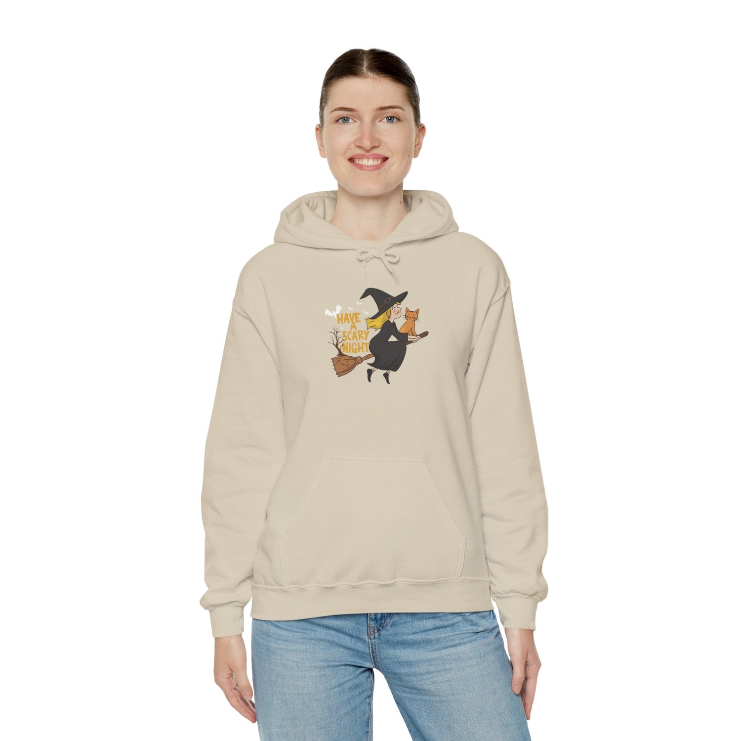 Halloween Witch and Cat Hoodie, Cozy Fall Sweatshirt, Scary Night Apparel, Unisex Ghostly Sweatshirt, Cute Halloween Gift Printify