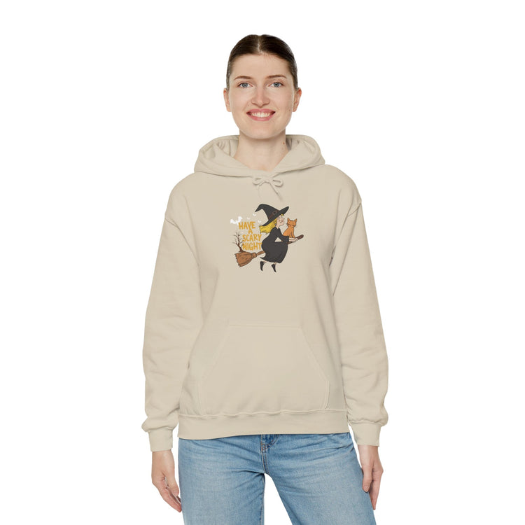 Halloween Witch and Cat Hoodie, Cozy Fall Sweatshirt, Scary Night Apparel, Unisex Ghostly Sweatshirt, Cute Halloween Gift Printify