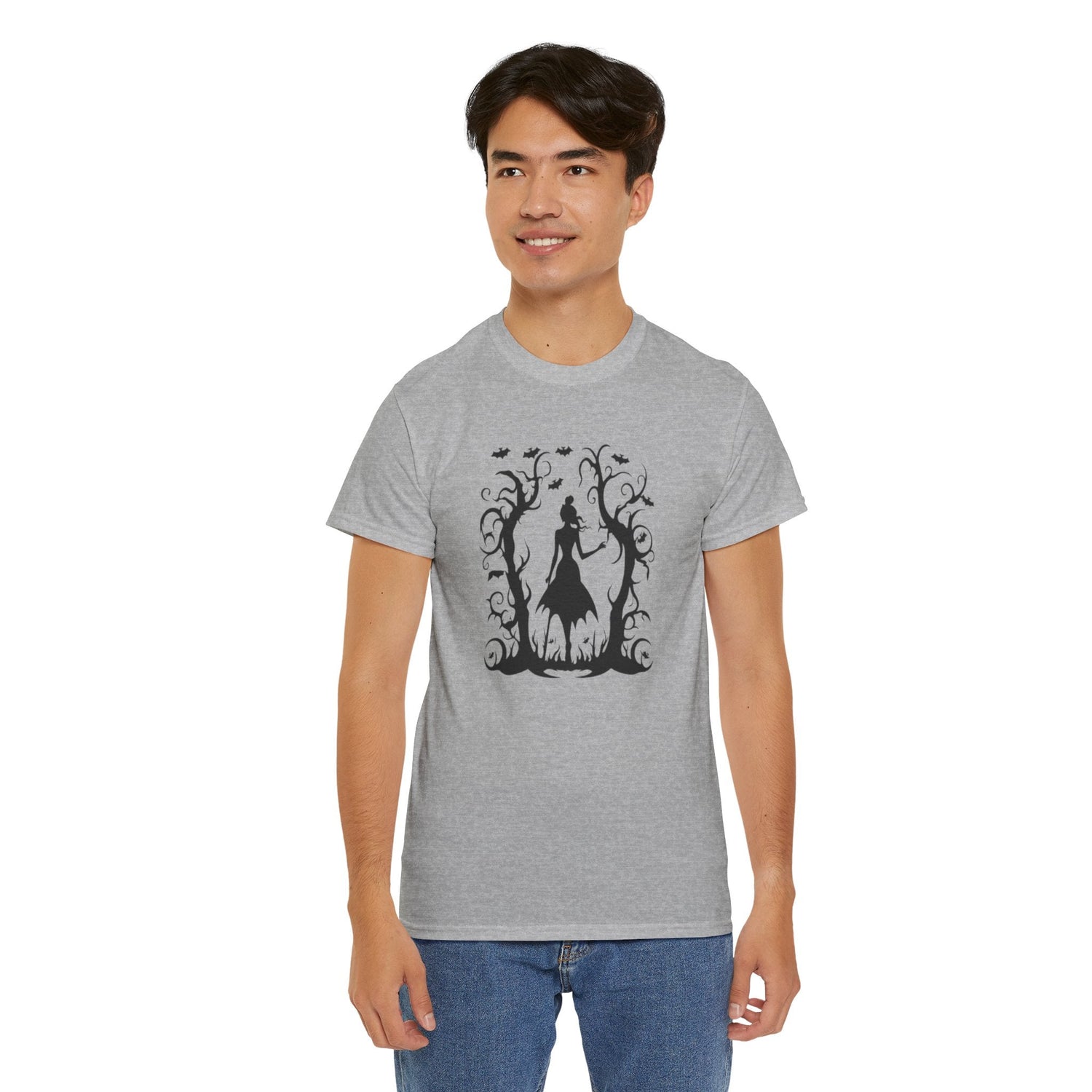 Whimsical Forest Silhouette Tee, Unisex Heavy Cotton T-Shirt, Fall Fashion, Halloween Shirt, Nature Lover Gift Printify