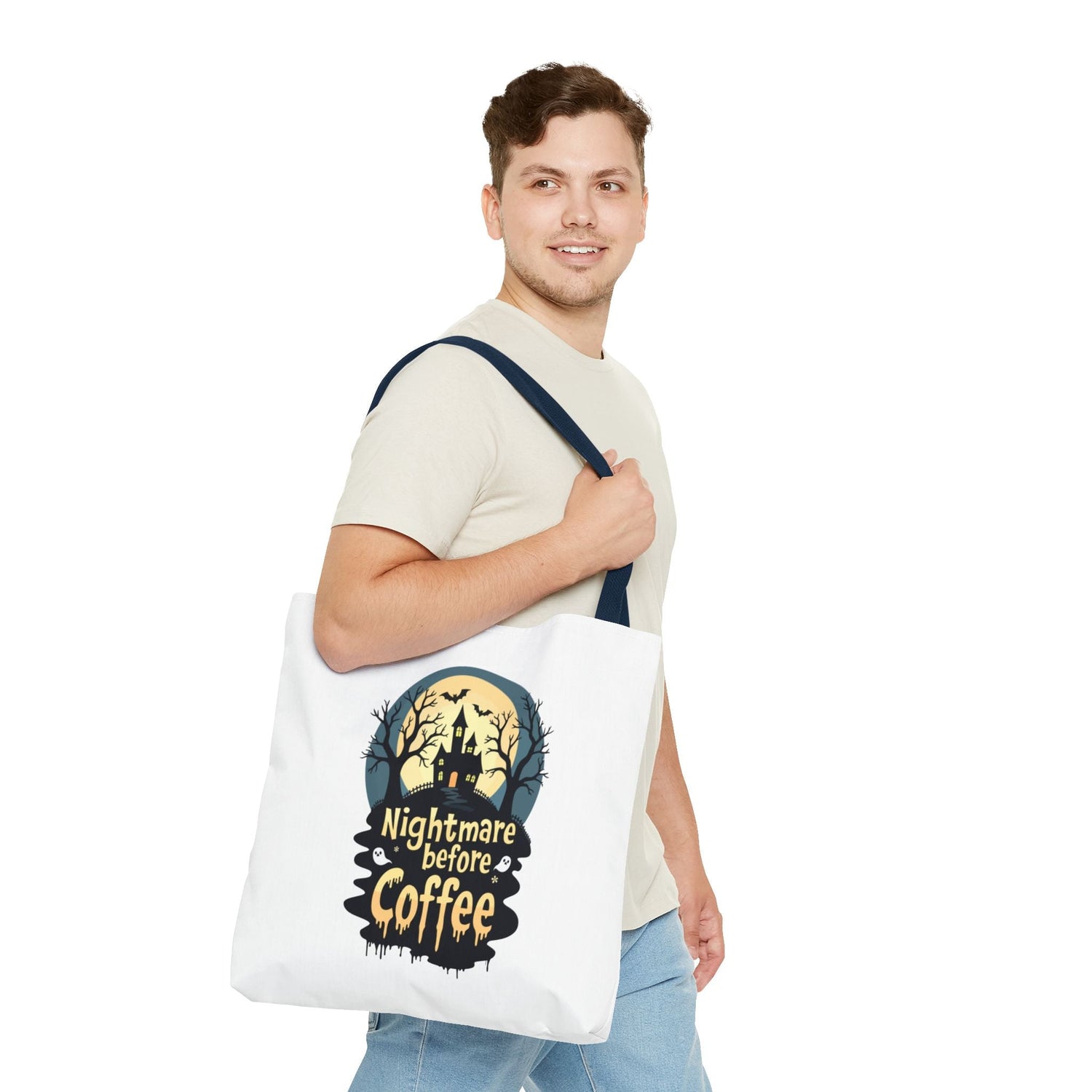 Nightmare Before Coffee Tote Bag, Halloween Tote, Spooky Drink Carrier, Gift for Coffee Lovers, AOP Design Bag Printify