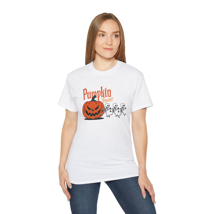 Halloween Skeleton Pumpkin Tee, Spooky Graphic Shirt, Unisex Fall Fashion, Halloween Costume Top, Fun October Apparel Printify