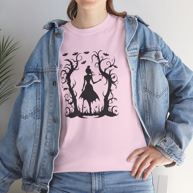 Whimsical Forest Silhouette Tee, Unisex Heavy Cotton T-Shirt, Fall Fashion, Halloween Shirt, Nature Lover Gift Printify