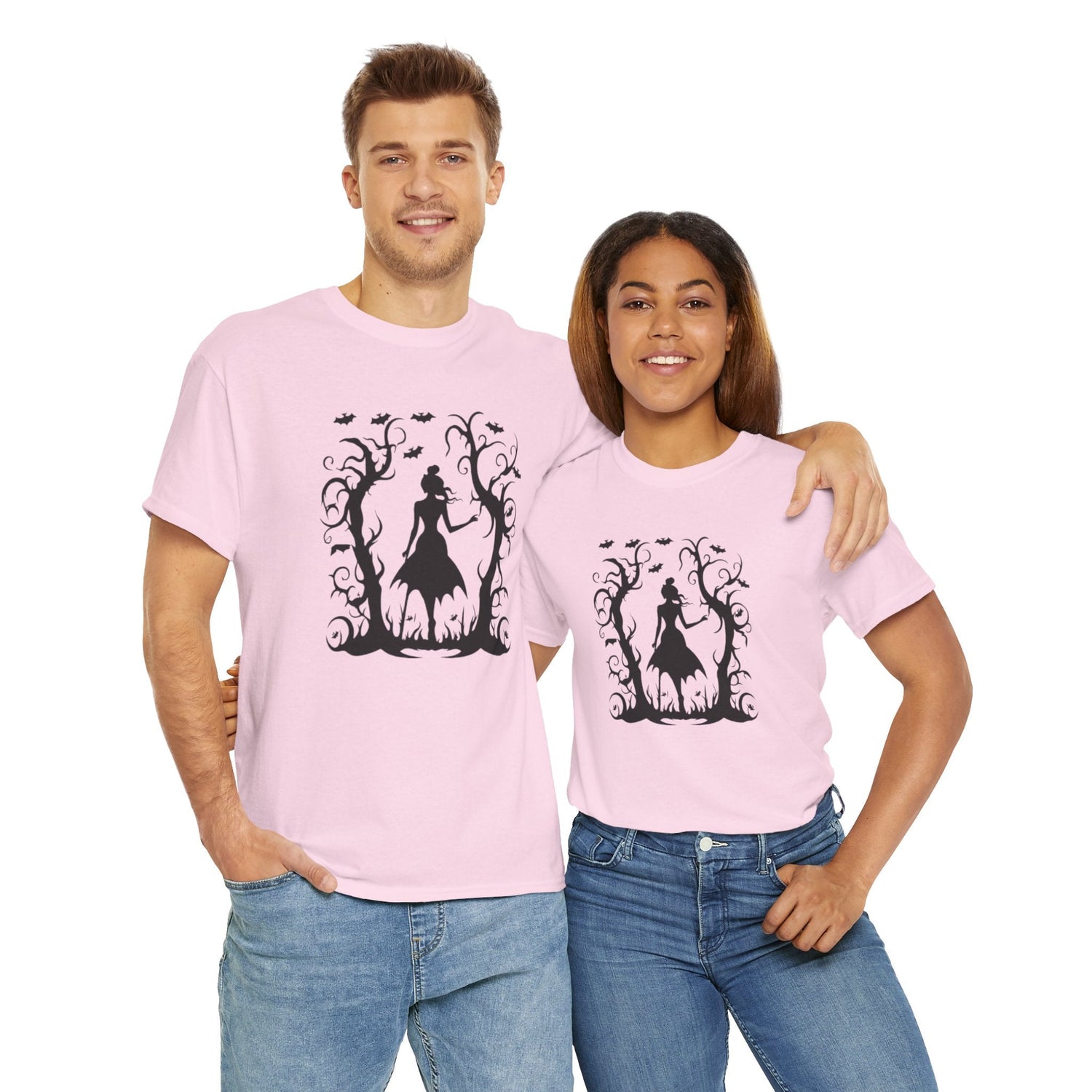 Whimsical Forest Silhouette Tee, Unisex Heavy Cotton T-Shirt, Fall Fashion, Halloween Shirt, Nature Lover Gift Printify