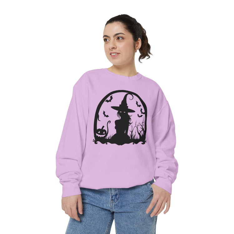 Charming Halloween Sweatshirt, Cozy Witch Design, Unisex Garment-Dyed Hoodie, Fall Fashion, Spooky Season Wear, Trick or Treat Gift Printify