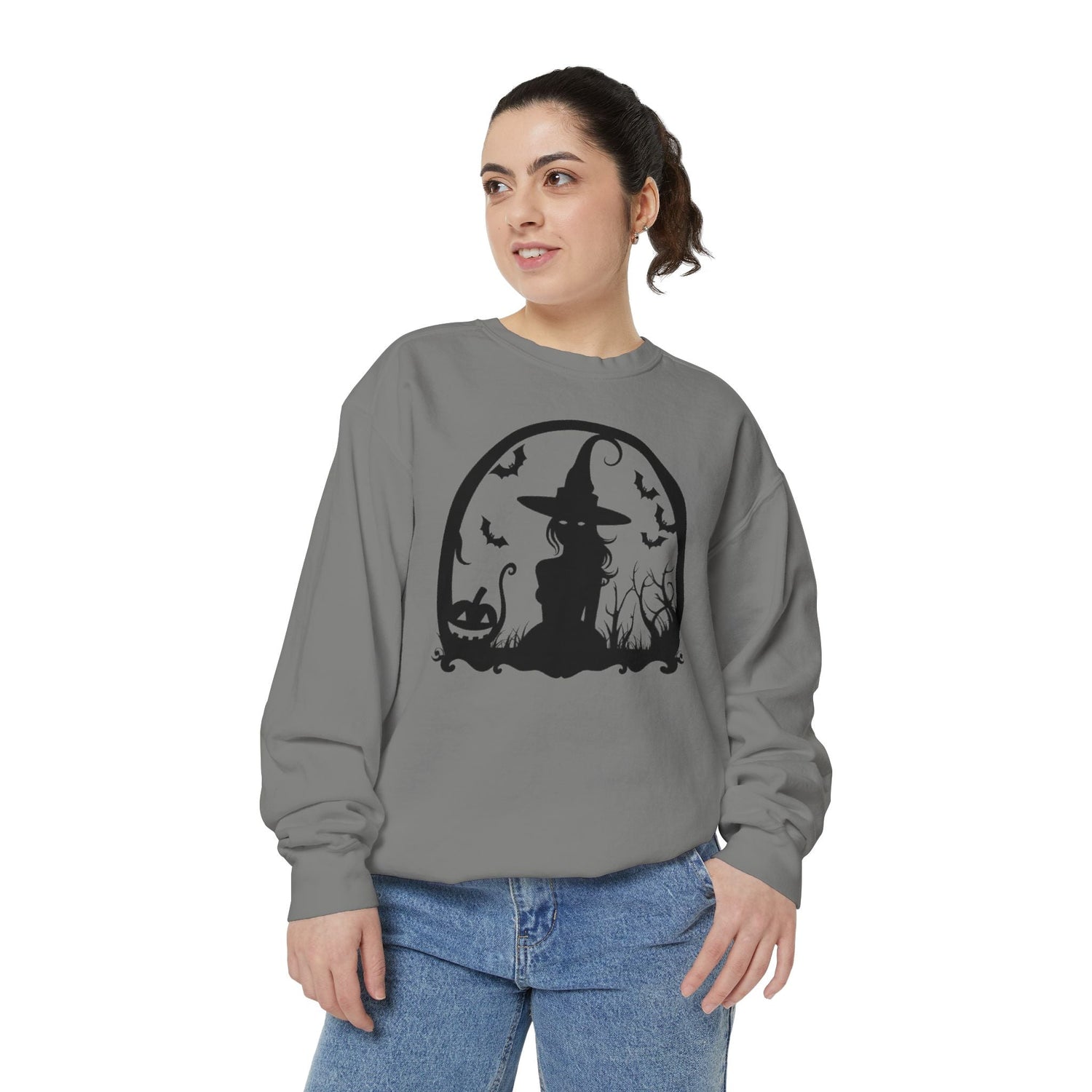Charming Halloween Sweatshirt, Cozy Witch Design, Unisex Garment-Dyed Hoodie, Fall Fashion, Spooky Season Wear, Trick or Treat Gift Printify