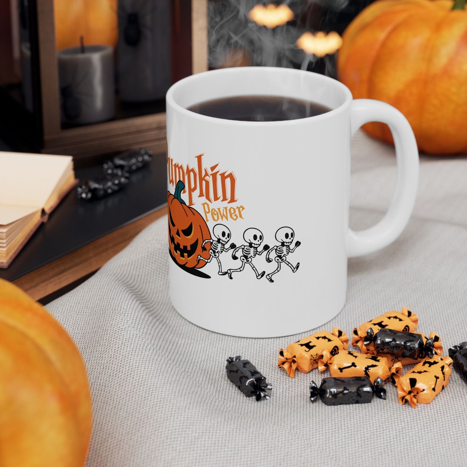Halloween Skeleton Pumpkin Mug, Cute Coffee Cup, Fall Decor, Funny Gift for Halloween Lovers, Spooky Tea Mug, 11oz and 15oz Size Printify