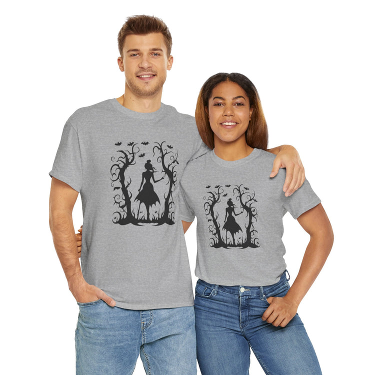 Whimsical Forest Silhouette Tee, Unisex Heavy Cotton T-Shirt, Fall Fashion, Halloween Shirt, Nature Lover Gift Printify