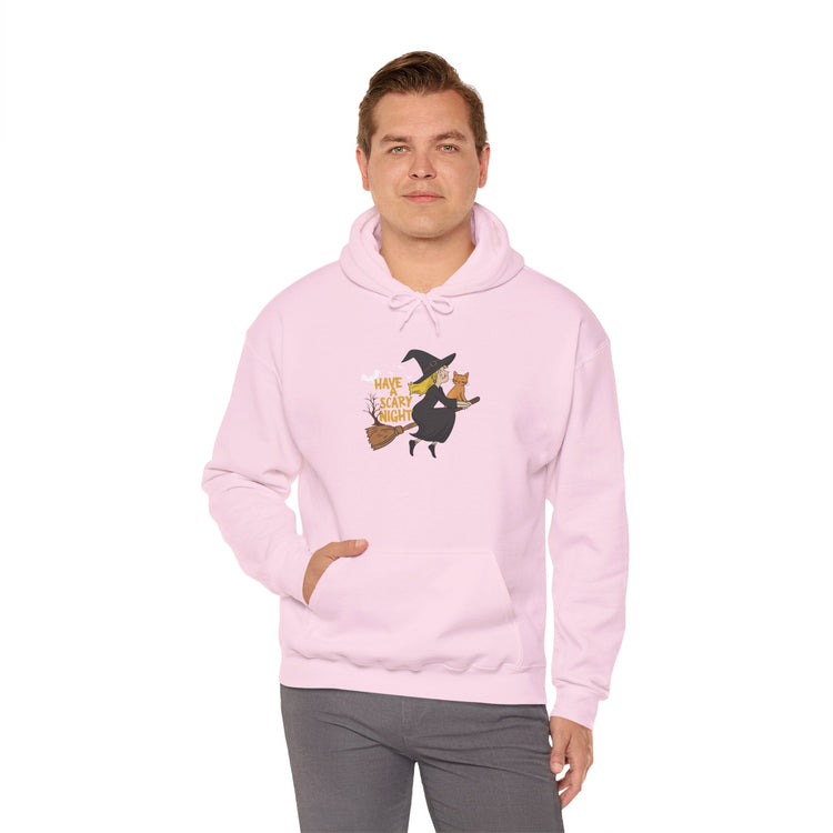 Halloween Witch and Cat Hoodie, Cozy Fall Sweatshirt, Scary Night Apparel, Unisex Ghostly Sweatshirt, Cute Halloween Gift Printify