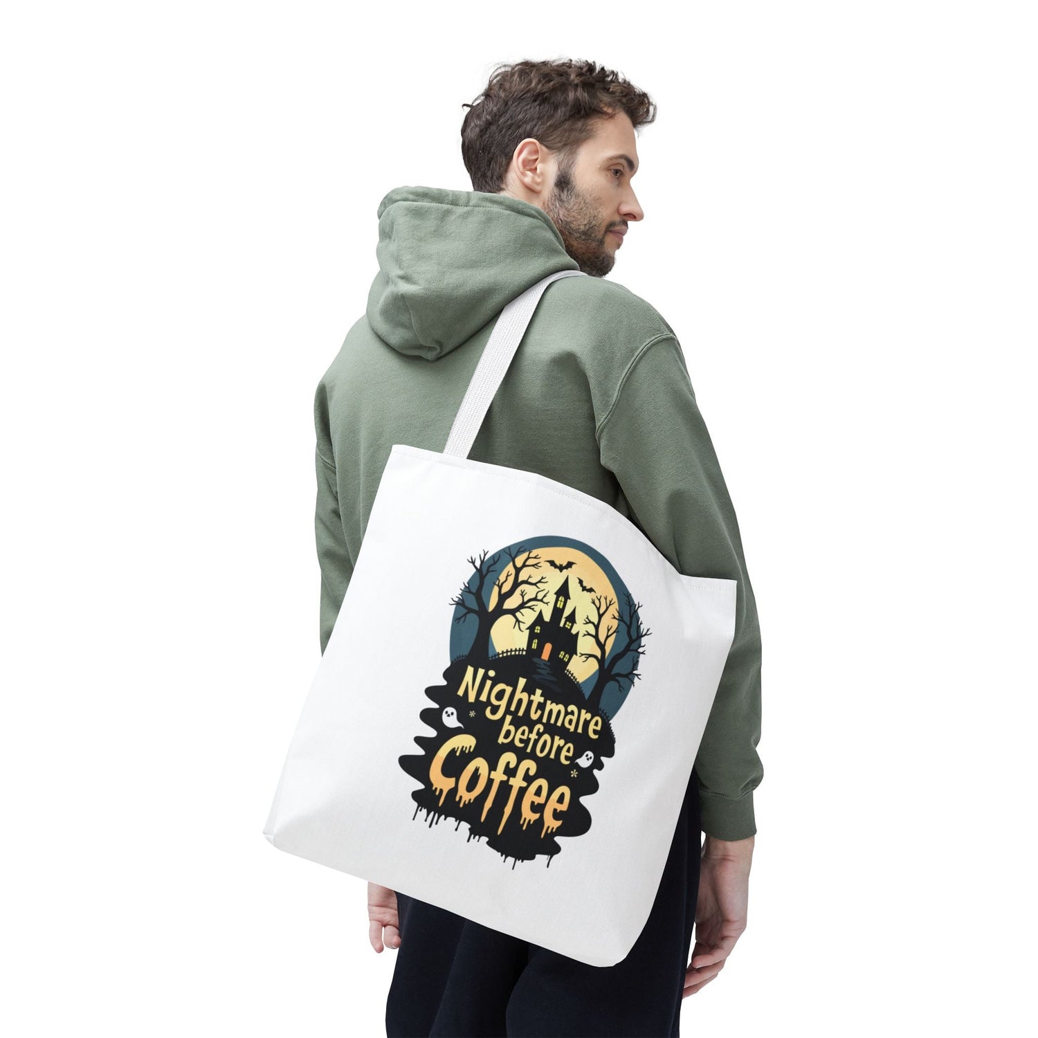 Nightmare Before Coffee Tote Bag, Halloween Tote, Spooky Drink Carrier, Gift for Coffee Lovers, AOP Design Bag Printify