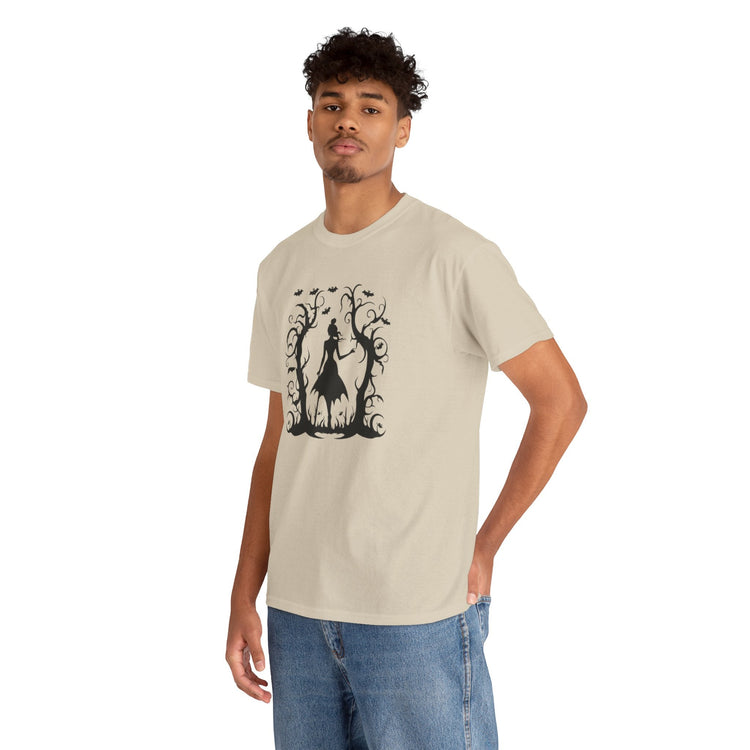 Whimsical Forest Silhouette Tee, Unisex Heavy Cotton T-Shirt, Fall Fashion, Halloween Shirt, Nature Lover Gift Printify