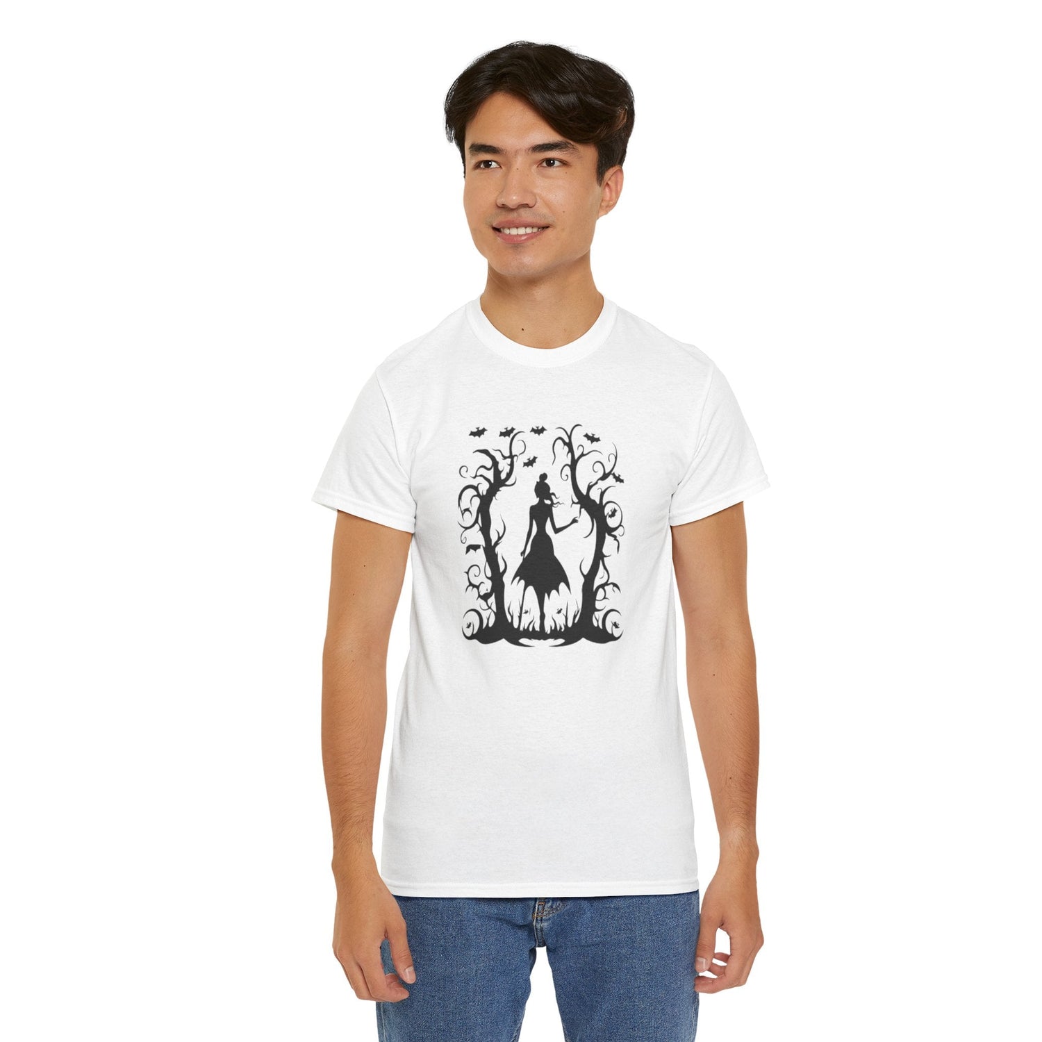 Whimsical Forest Silhouette Tee, Unisex Heavy Cotton T-Shirt, Fall Fashion, Halloween Shirt, Nature Lover Gift Printify