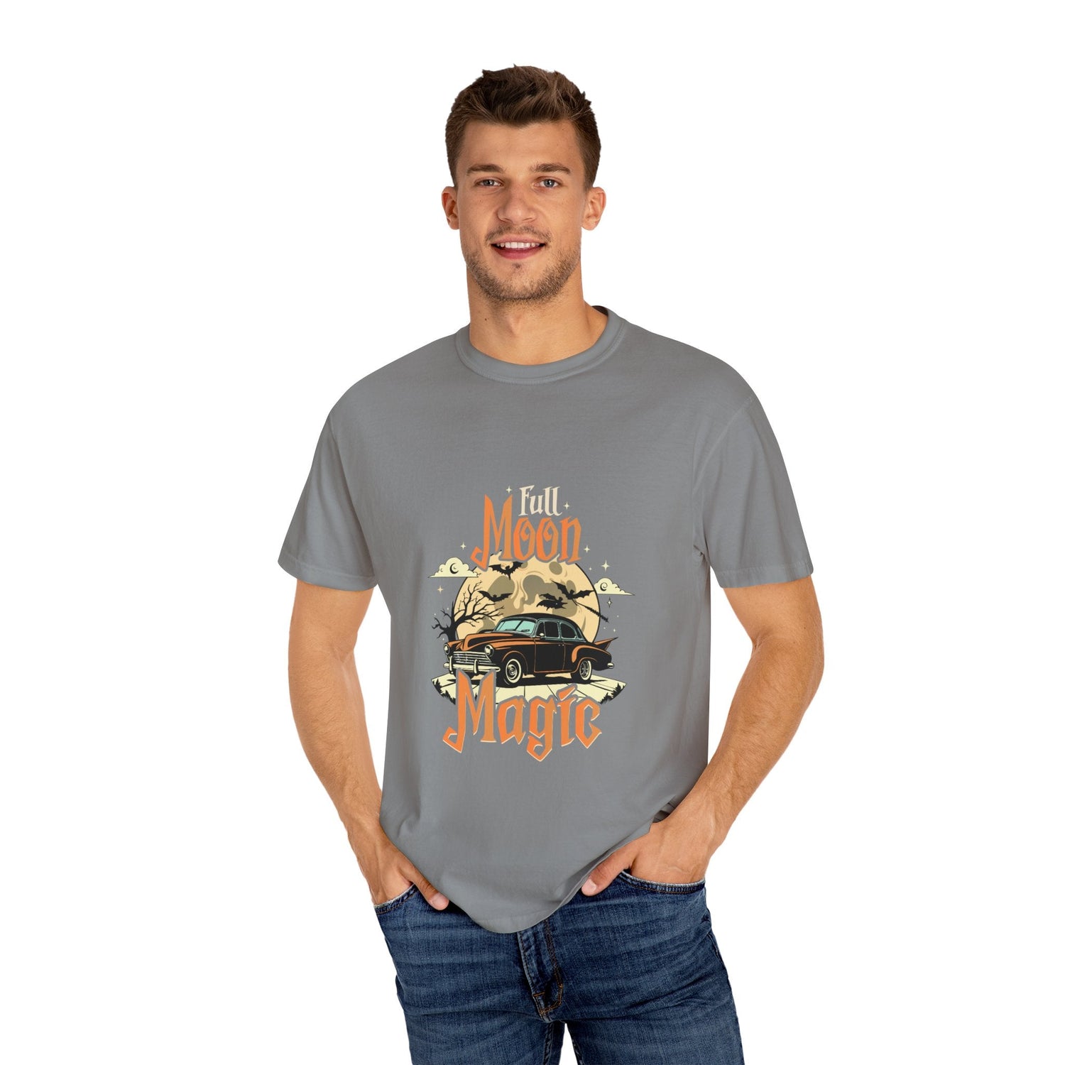 Moon Magic Unisex Garment-Dyed T-shirt, Vintage Car Tee, Astrology Gift, Casual Wear, Moon Lover Apparel, Unisex Soft T-shirt Printify