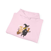 Halloween Witch and Cat Hoodie, Cozy Fall Sweatshirt, Scary Night Apparel, Unisex Ghostly Sweatshirt, Cute Halloween Gift Printify