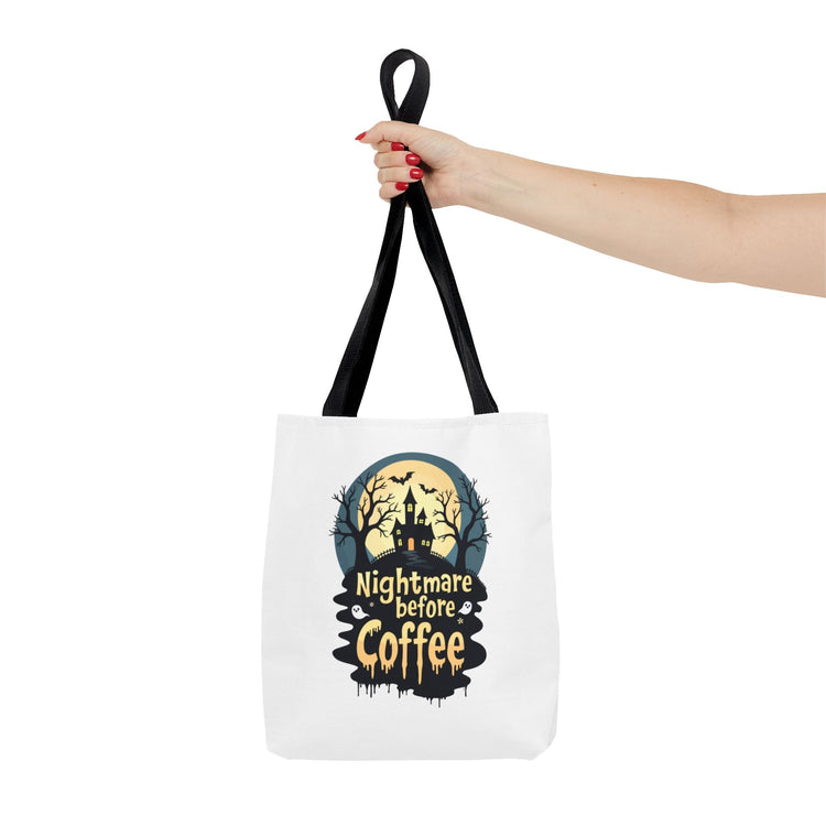 Nightmare Before Coffee Tote Bag, Halloween Tote, Spooky Drink Carrier, Gift for Coffee Lovers, AOP Design Bag Printify