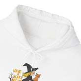 Halloween Witch and Cat Hoodie, Cozy Fall Sweatshirt, Scary Night Apparel, Unisex Ghostly Sweatshirt, Cute Halloween Gift Printify