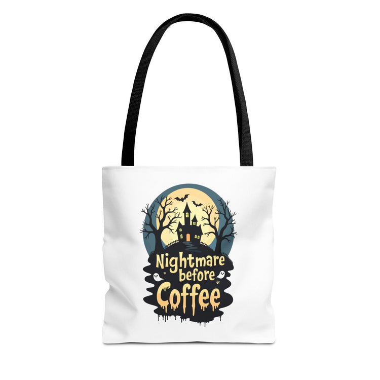 Nightmare Before Coffee Tote Bag, Halloween Tote, Spooky Drink Carrier, Gift for Coffee Lovers, AOP Design Bag Printify