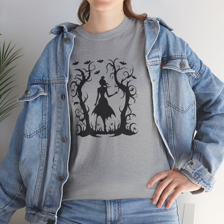 Whimsical Forest Silhouette Tee, Unisex Heavy Cotton T-Shirt, Fall Fashion, Halloween Shirt, Nature Lover Gift Printify