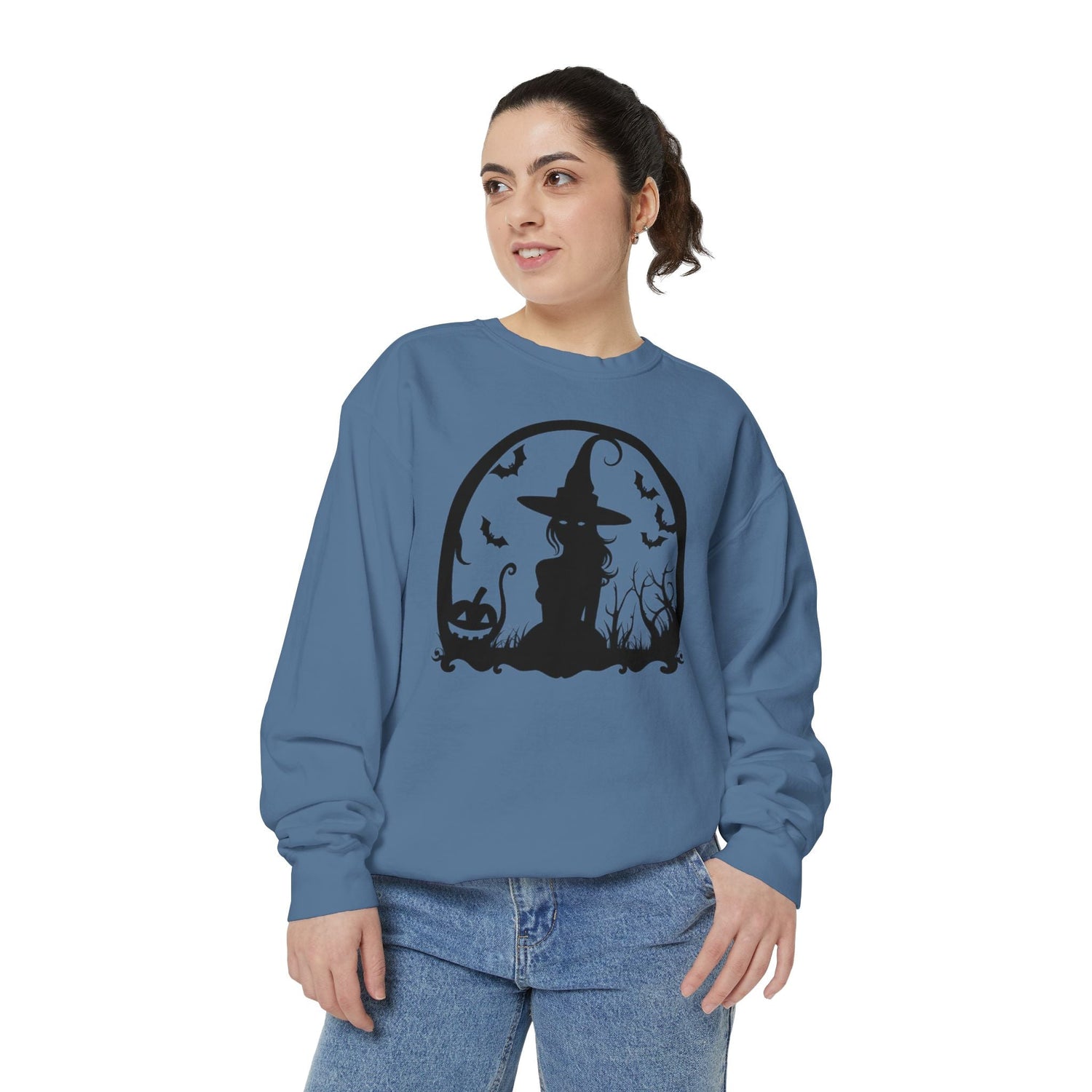 Charming Halloween Sweatshirt, Cozy Witch Design, Unisex Garment-Dyed Hoodie, Fall Fashion, Spooky Season Wear, Trick or Treat Gift Printify