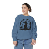 Charming Halloween Sweatshirt, Cozy Witch Design, Unisex Garment-Dyed Hoodie, Fall Fashion, Spooky Season Wear, Trick or Treat Gift Printify