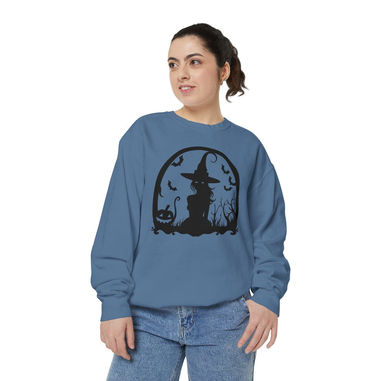 Charming Halloween Sweatshirt, Cozy Witch Design, Unisex Garment-Dyed Hoodie, Fall Fashion, Spooky Season Wear, Trick or Treat Gift Printify