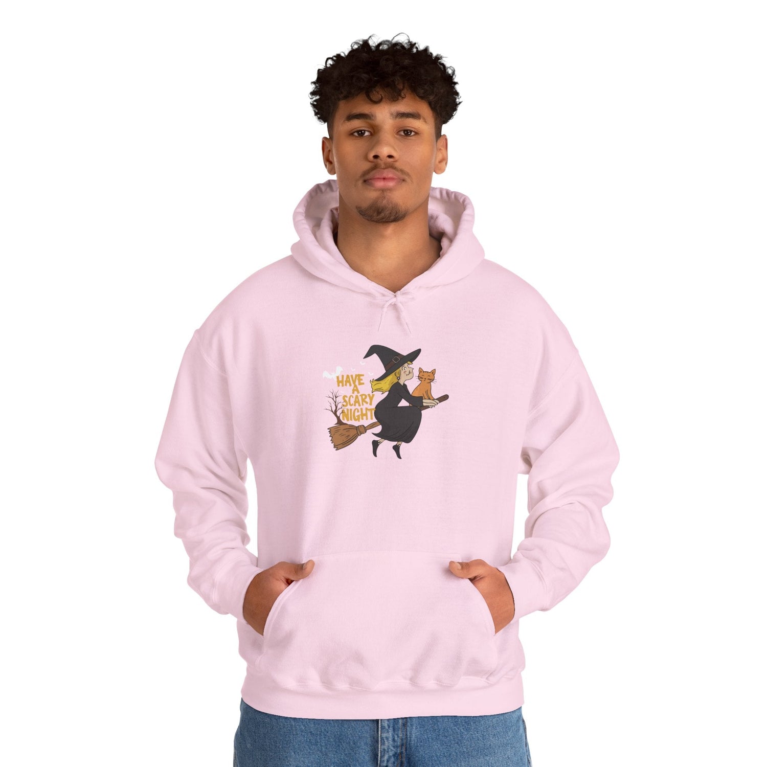 Halloween Witch and Cat Hoodie, Cozy Fall Sweatshirt, Scary Night Apparel, Unisex Ghostly Sweatshirt, Cute Halloween Gift Printify