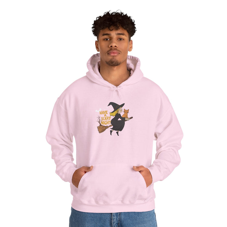 Halloween Witch and Cat Hoodie, Cozy Fall Sweatshirt, Scary Night Apparel, Unisex Ghostly Sweatshirt, Cute Halloween Gift Printify