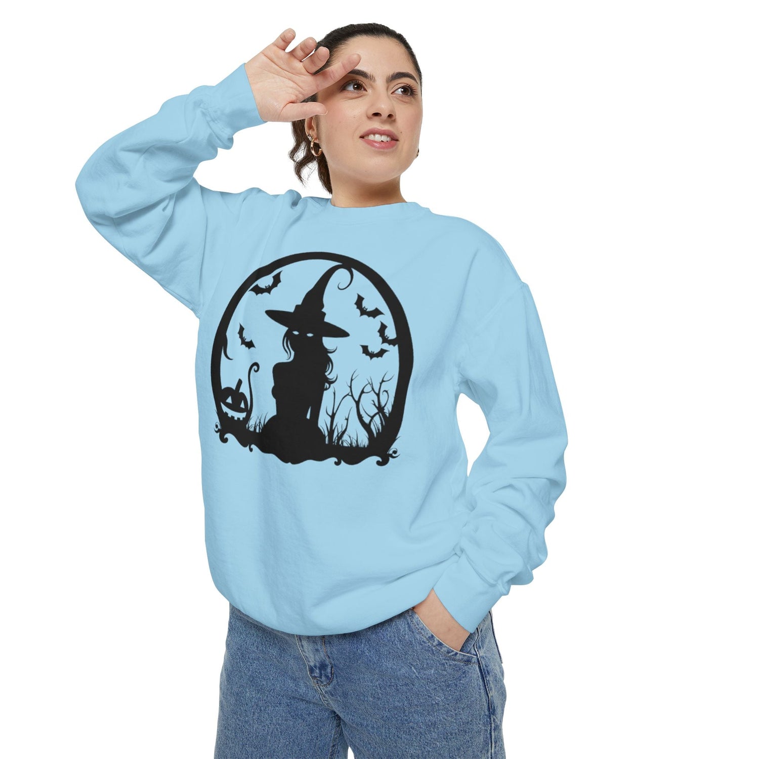 Charming Halloween Sweatshirt, Cozy Witch Design, Unisex Garment-Dyed Hoodie, Fall Fashion, Spooky Season Wear, Trick or Treat Gift Printify