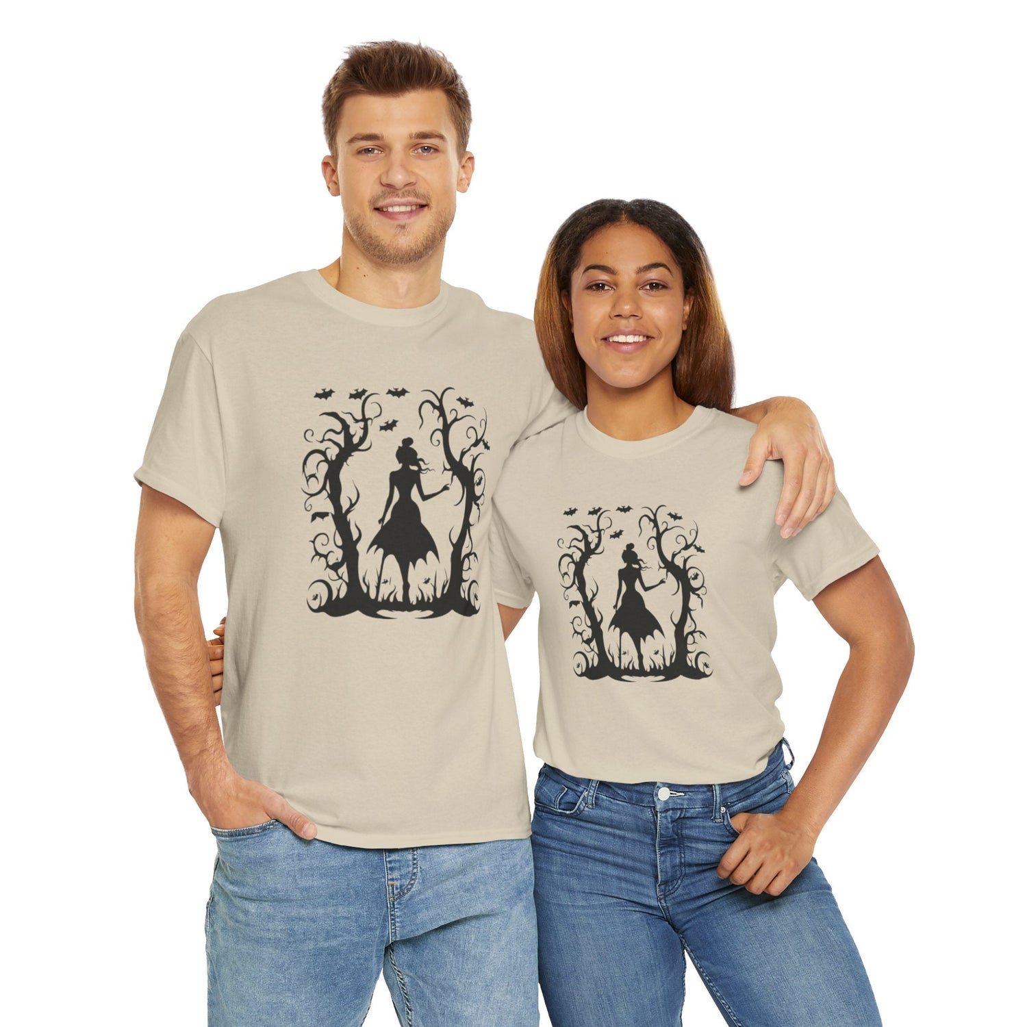 Whimsical Forest Silhouette Tee, Unisex Heavy Cotton T-Shirt, Fall Fashion, Halloween Shirt, Nature Lover Gift Printify