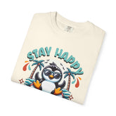 Stay Happy Penguin T-Shirt Unisex Summer Tee Vacation Shirt Beachwear Fun Gift Garment Dyed Cotton Casual Comfort Tee Birthday Gift Beach Shirt Printify