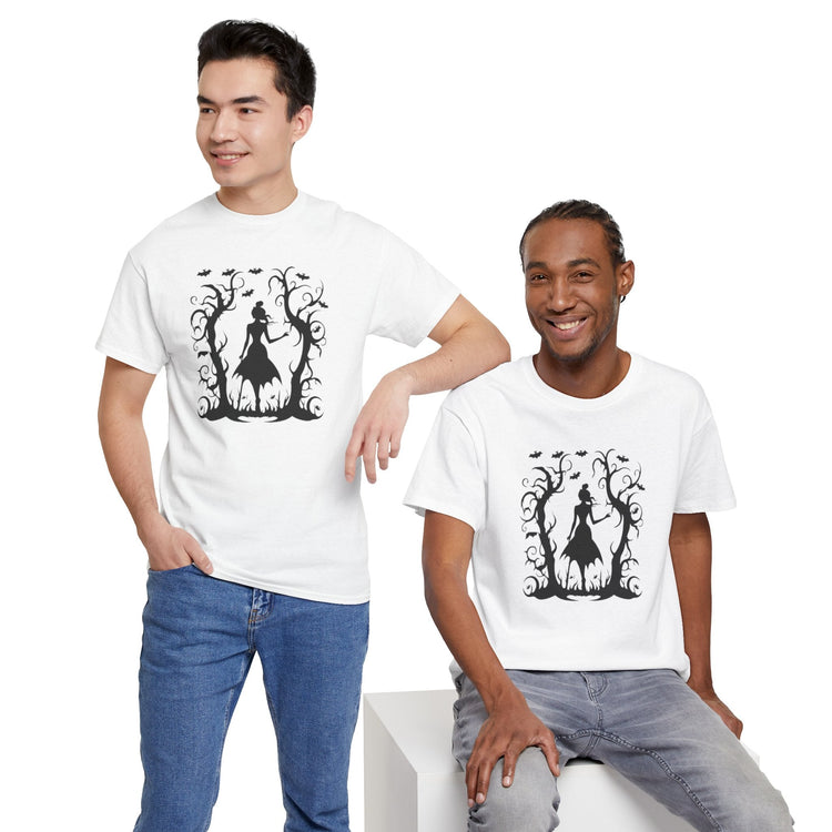 Whimsical Forest Silhouette Tee, Unisex Heavy Cotton T-Shirt, Fall Fashion, Halloween Shirt, Nature Lover Gift Printify