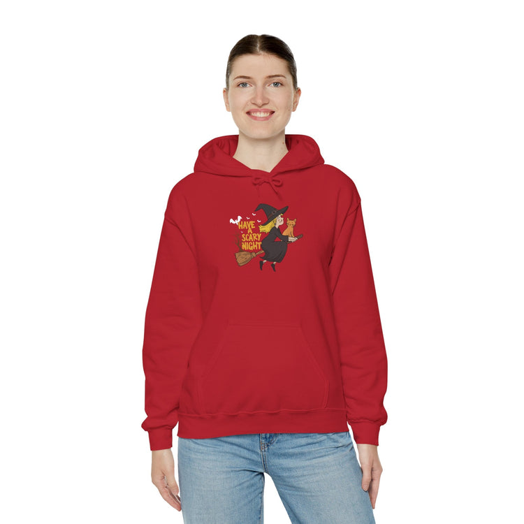Halloween Witch and Cat Hoodie, Cozy Fall Sweatshirt, Scary Night Apparel, Unisex Ghostly Sweatshirt, Cute Halloween Gift Printify